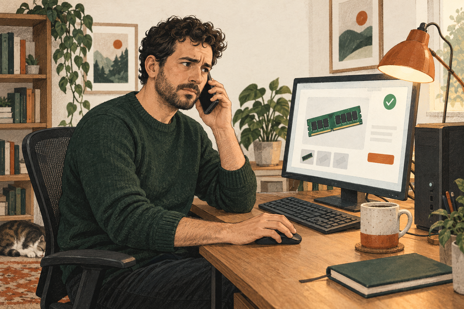 Alex ao computador, ouvindo a ligação do atendimento. A tela mostra o módulo de memória comprado e a confirmação do pedido.
